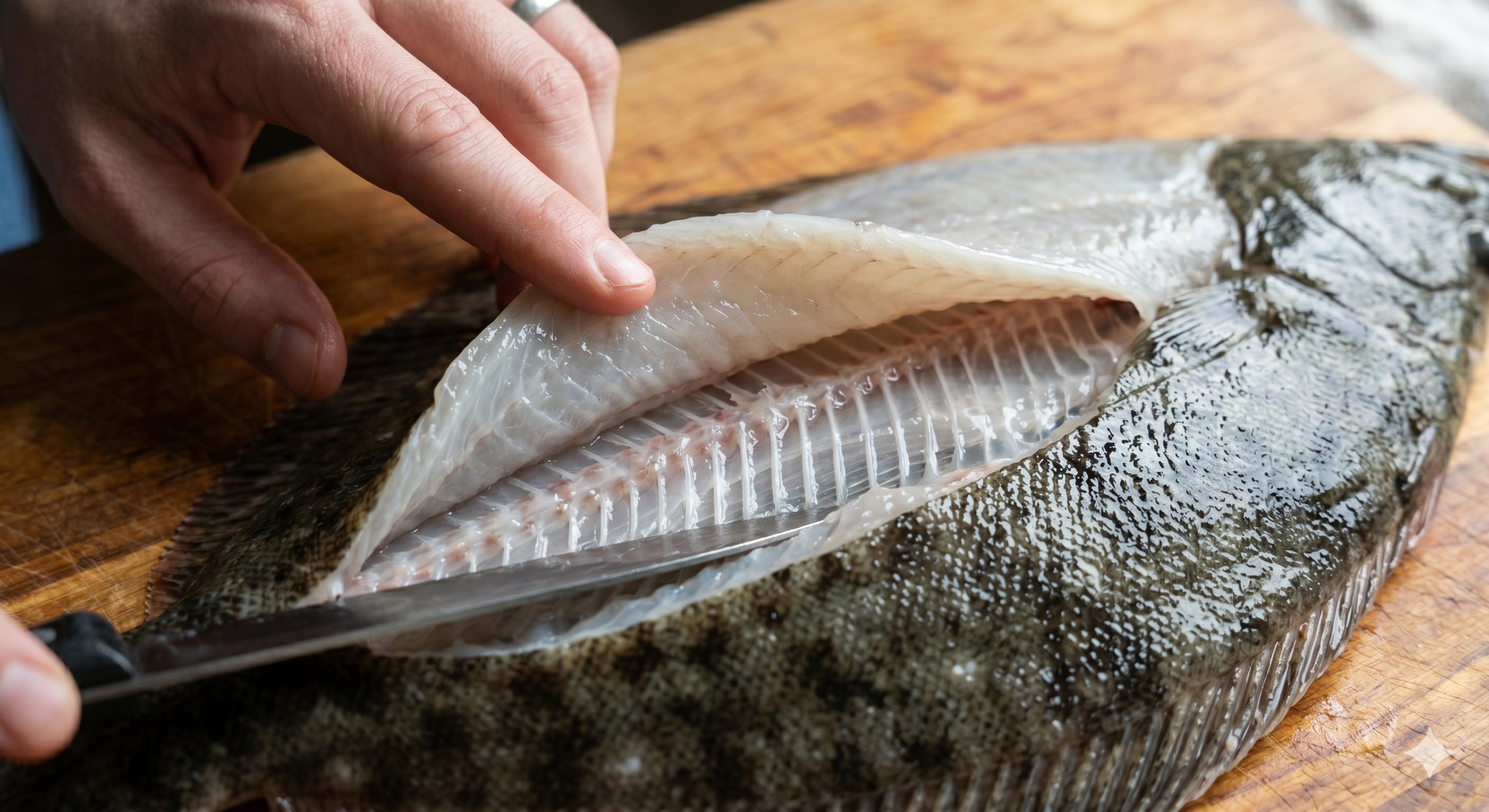 Close-up of a fillet knife working outward from the center spine of a whole flounder, peeling back a delicate, perfectly cut quarter-fillet, revealing the intricate rib cage underneath.