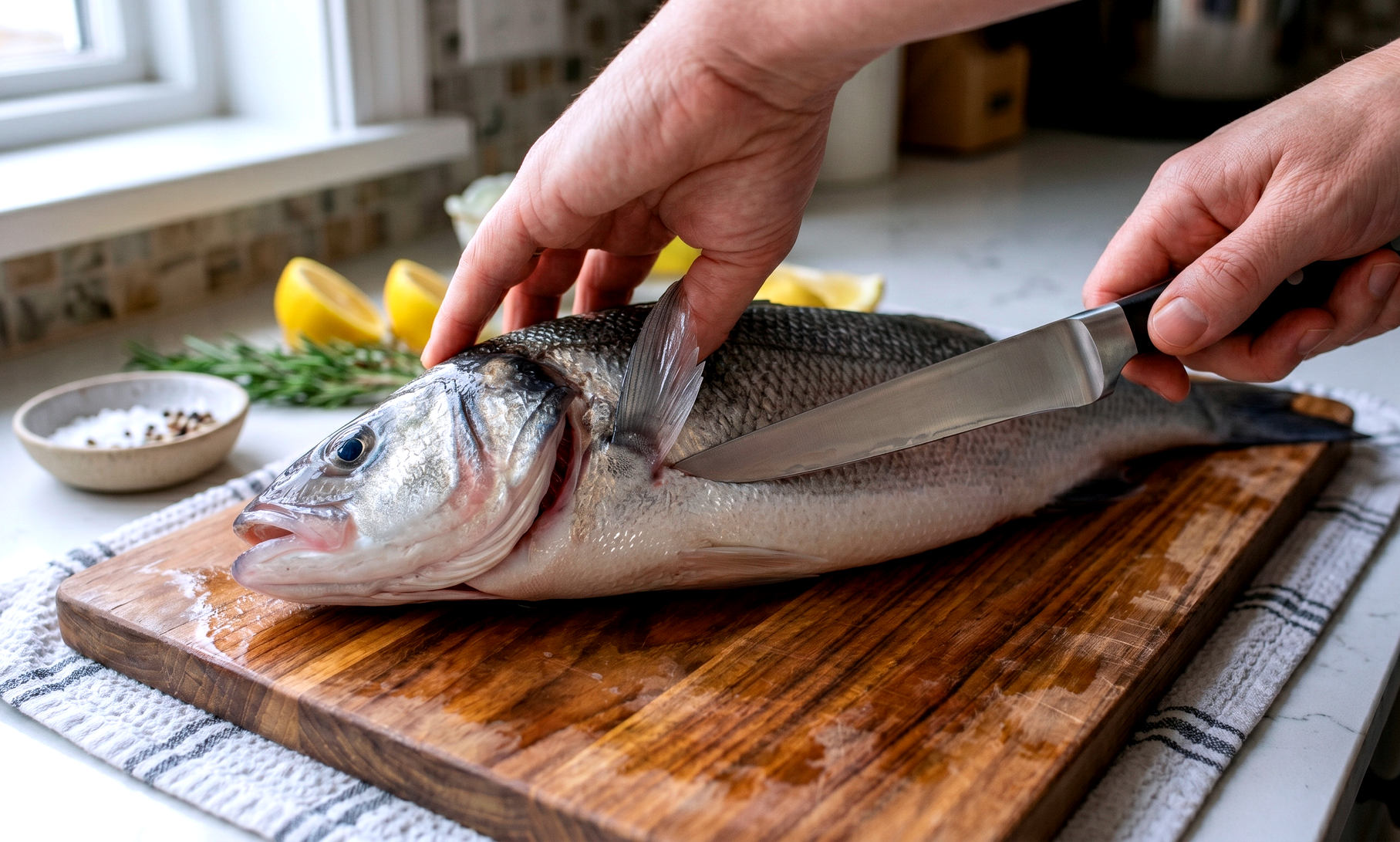 A home cook's hands making a diagonal cut behind the gills of a fresh, whole sea bass.