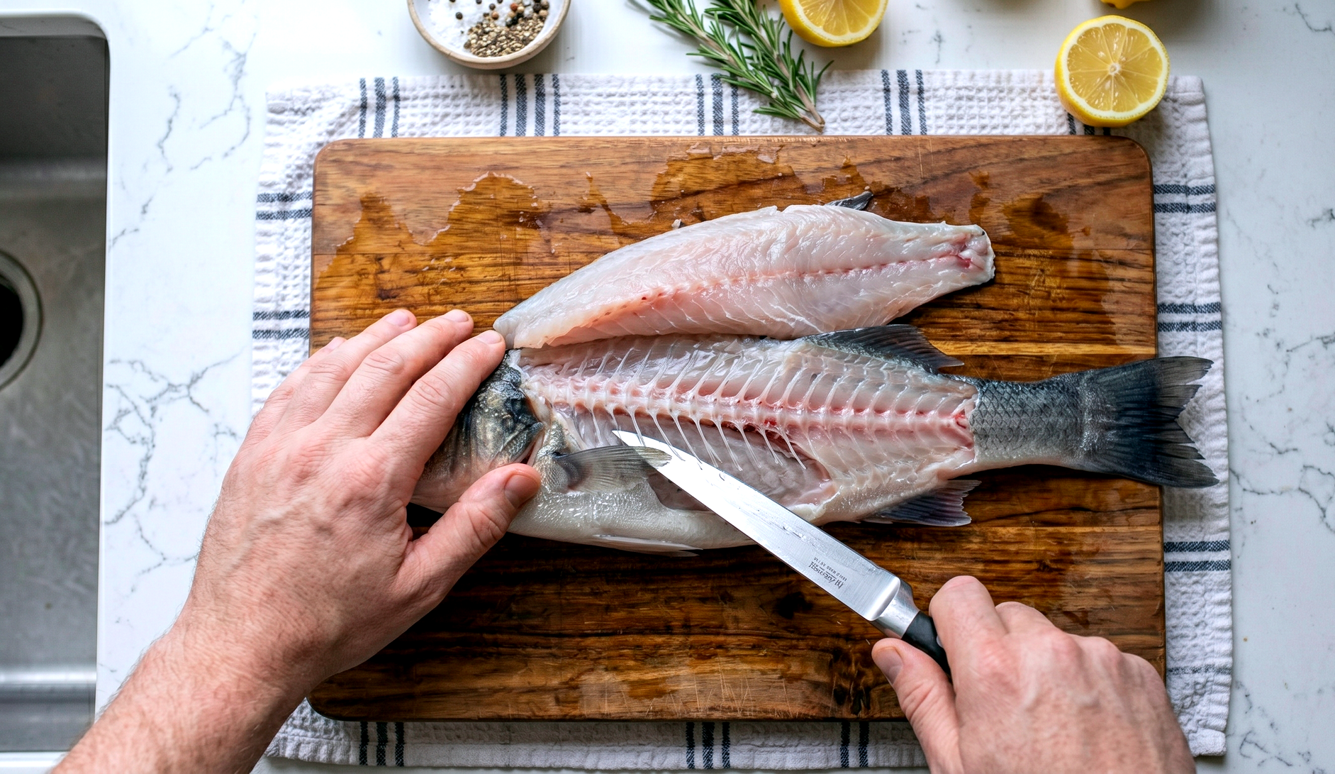 A horizontal fillet cut along the spine of a round fish, with fillet lifted away revealing backbone and meat of the fillet.