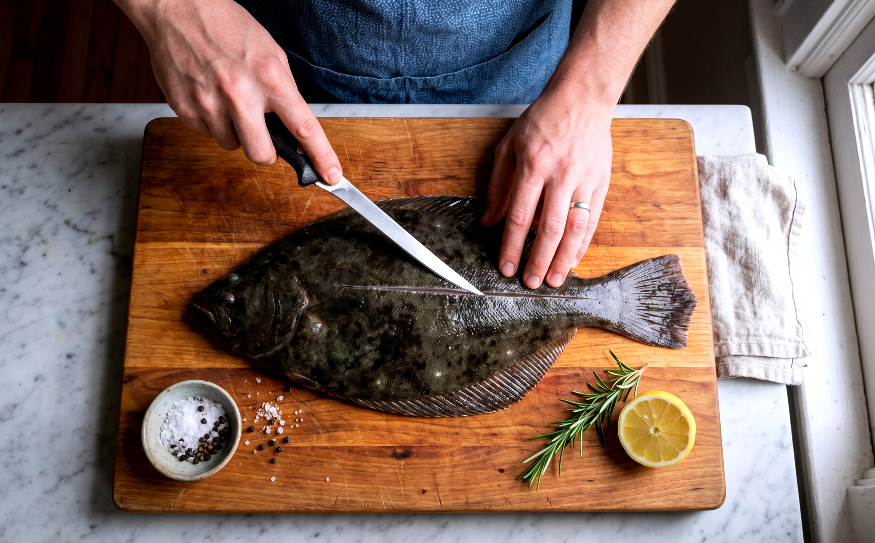 An overhead view of a whole flounder on a cutting board with a score (cut) down the exact center of the fish, from head to tail, and a home cook with a fillet knife working the incision.
