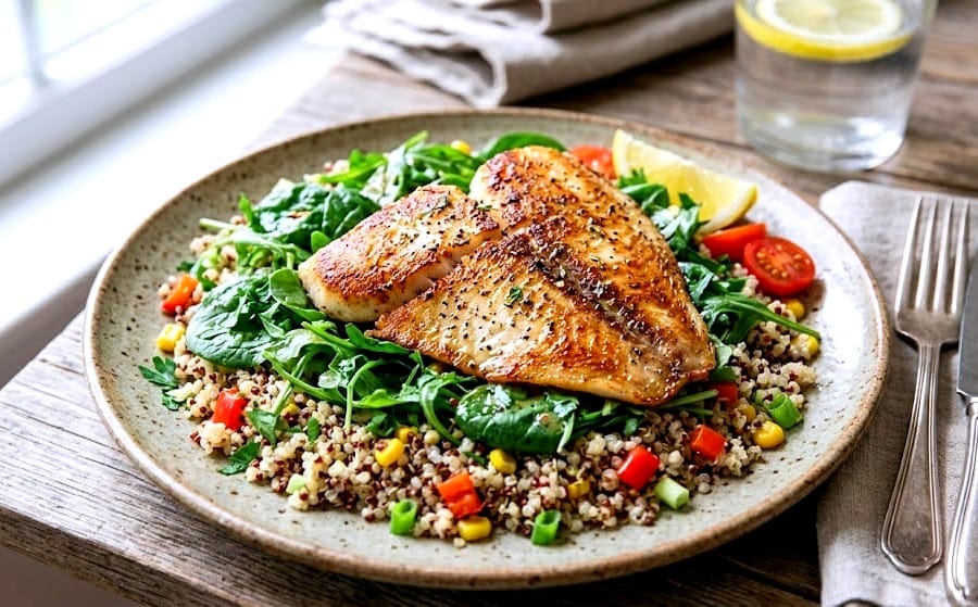 A close-up of a perfectly seared, skinless tilapia fillet resting on a wholesome bed of vibrant mixed greens, quinoa, cherry tomatoes, and corn, served on a rustic plate with a lemon wedge under soft, natural lighting.
