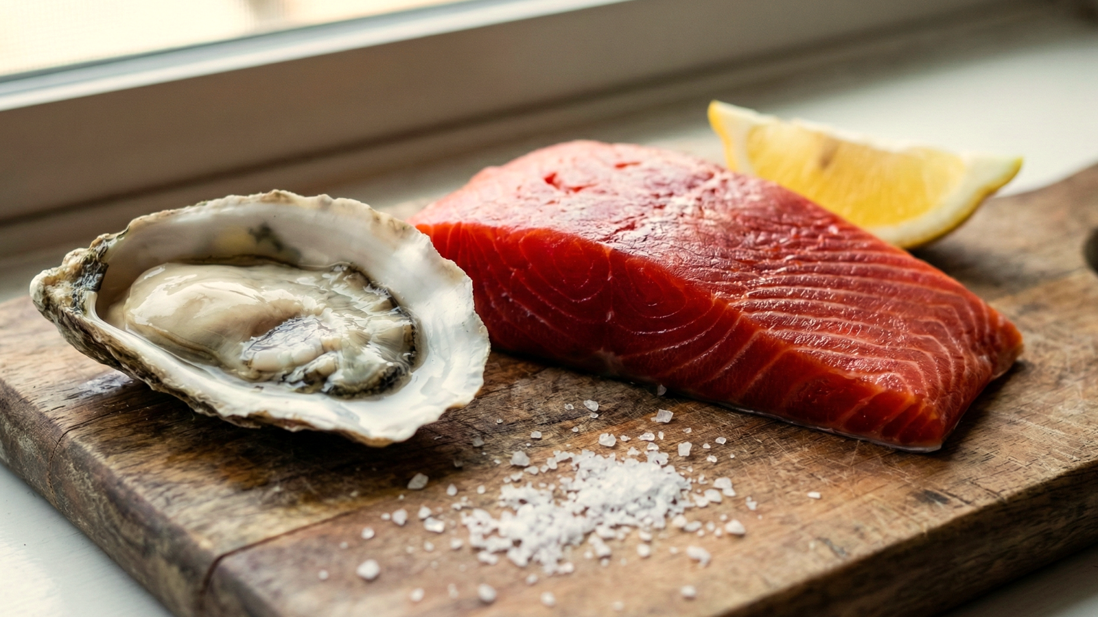 A freshly shucked oyster on the half shell and a ruby red colored fresh wild salmon fillet on a rustic wooden cutting board with a fresh lemon wedge and crushed salt on the side next to a window that provides vibrant natural light.