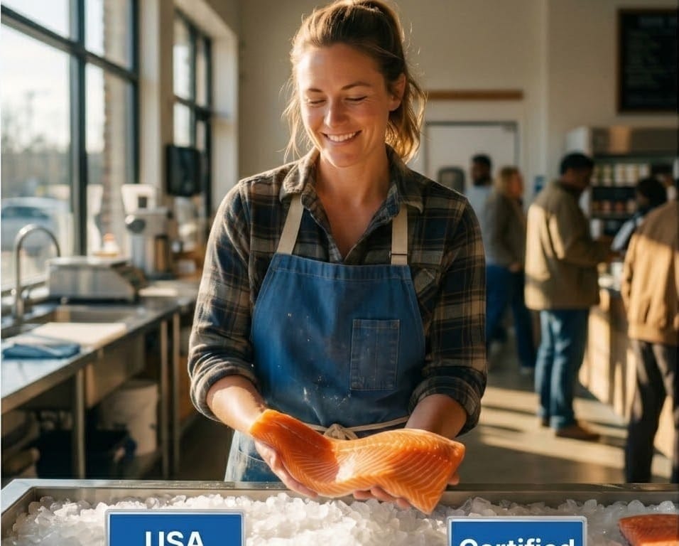 A happy fishmonger placing a fresh certified salmon fillet sourced from the USA on ice in a display case inside a naturally lit seafood specialty retail shop with customers in the background purchasing seafood.