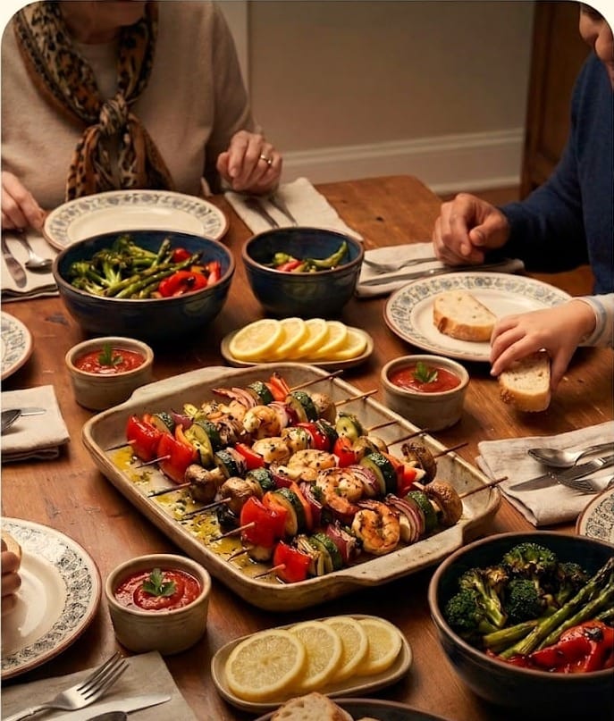 A family sitting around a warmly lit dinner table enjoying grilled shrimp and veggie kabobs with healthy accompaniments on the side.