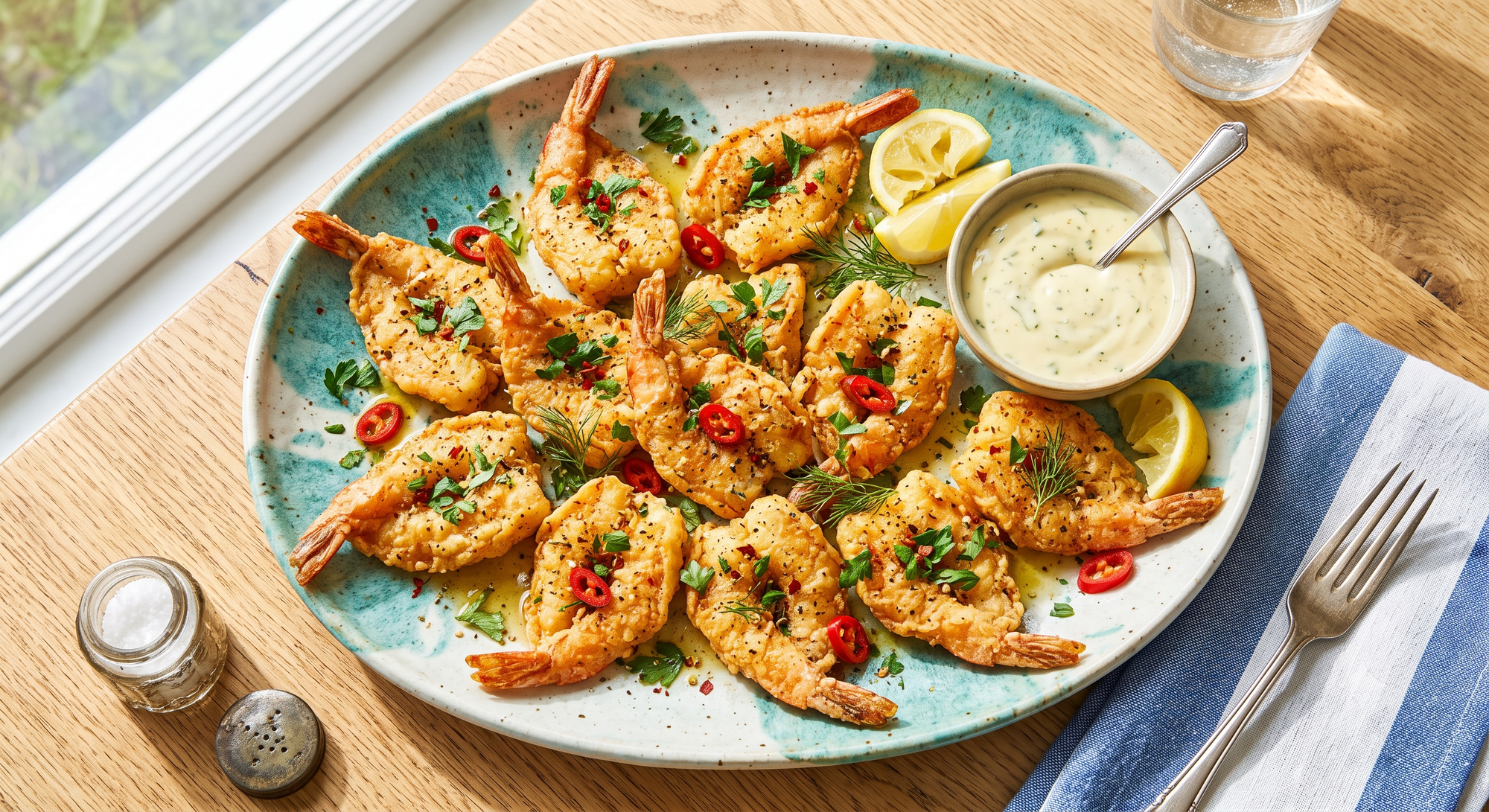A high-resolution, vibrant overhead shot of crispy pan-fried butterflied shrimp on a ceramic plate with lemon wedges and dill sauce on the side, topped with freshly sliced red peppers and minced cilantro.