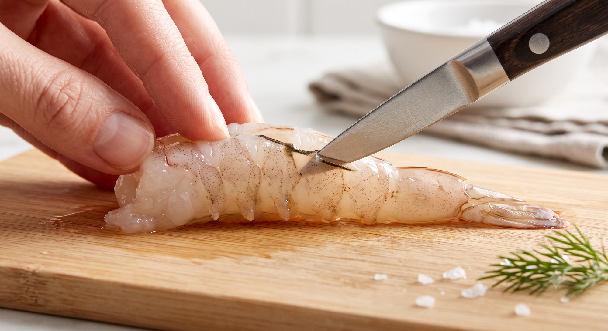 A detailed, macro shot showing the tip of a small paring knife scoring the back of a peeled shrimp to remove the dark vein.