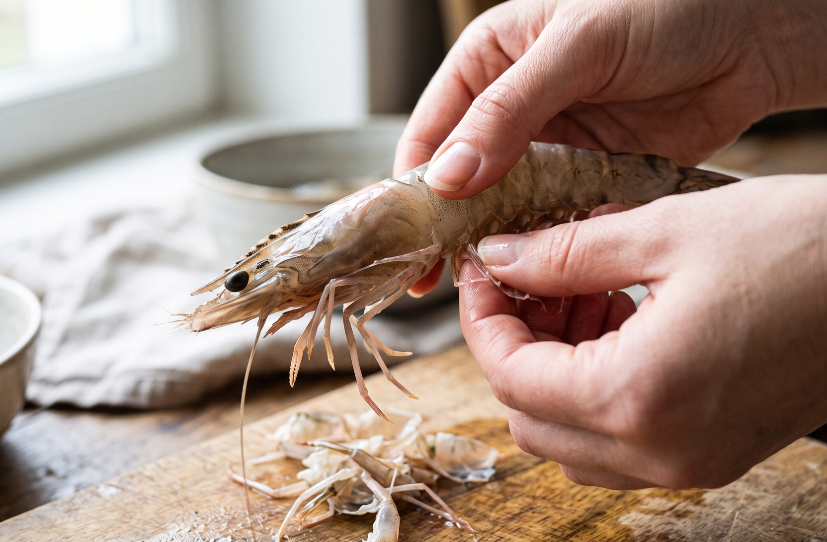 A close-up, brightly lit photo showing a pair of hands gently peeling the legs away from a large, fresh shrimp, leaving the tail intact.