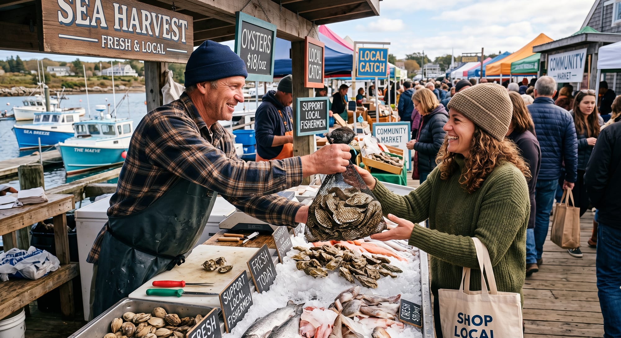 A vibrant outdoor community fish market scene where a smiling local fisherman hands a mesh bag of fresh oysters over a display of fish and clams on crushed ice to a cheerful customer holding a 'Shop Local' tote bag, with boats and market tents in the background.