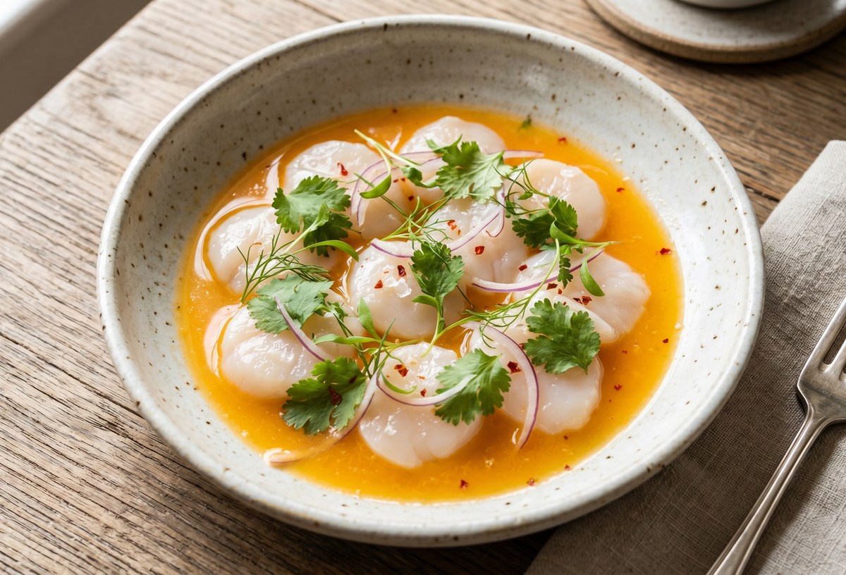 Translucent sliced sea scallops curing in vibrant orange calamansi juice, garnished with green cilantro and red onions in a rustic bowl.