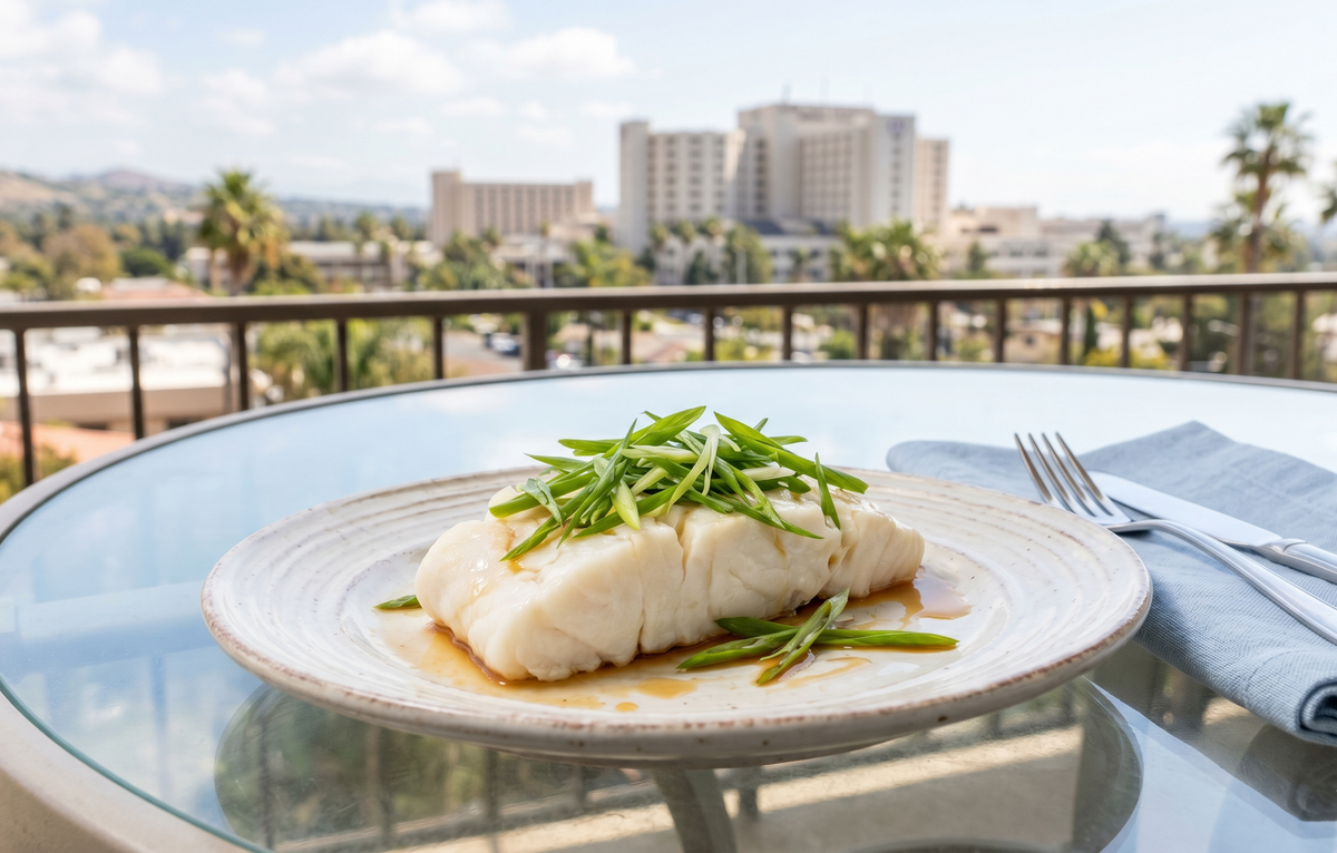 A steamed, flaky white cod fillet garnished with sliced scallions and ginger on a ceramic plate.