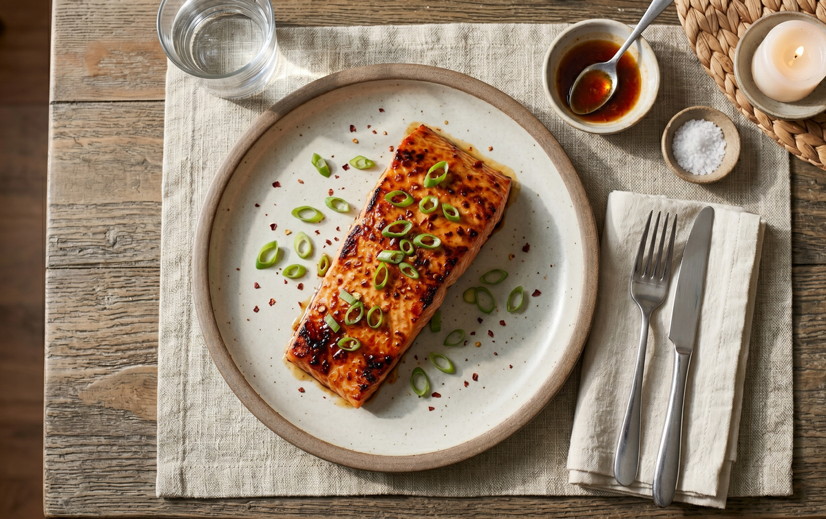 A perfectly baked, pink-orange salmon fillet coated in a glossy, spicy maple glaze and garnished with fresh green scallions on a rustic plate.