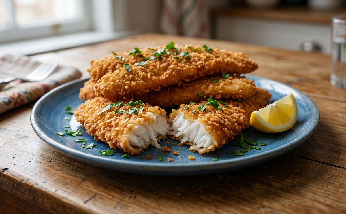 A plate of golden-brown, crispy fried fish fillets garnished with a lemon wedge and fresh parsley on a wooden dining table.