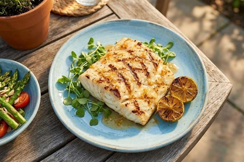 A grilled halibut fillet with grill marks brushed with a light-orange citrus garlic glaze and topped with green herbs on a ceramic plate outdoors.