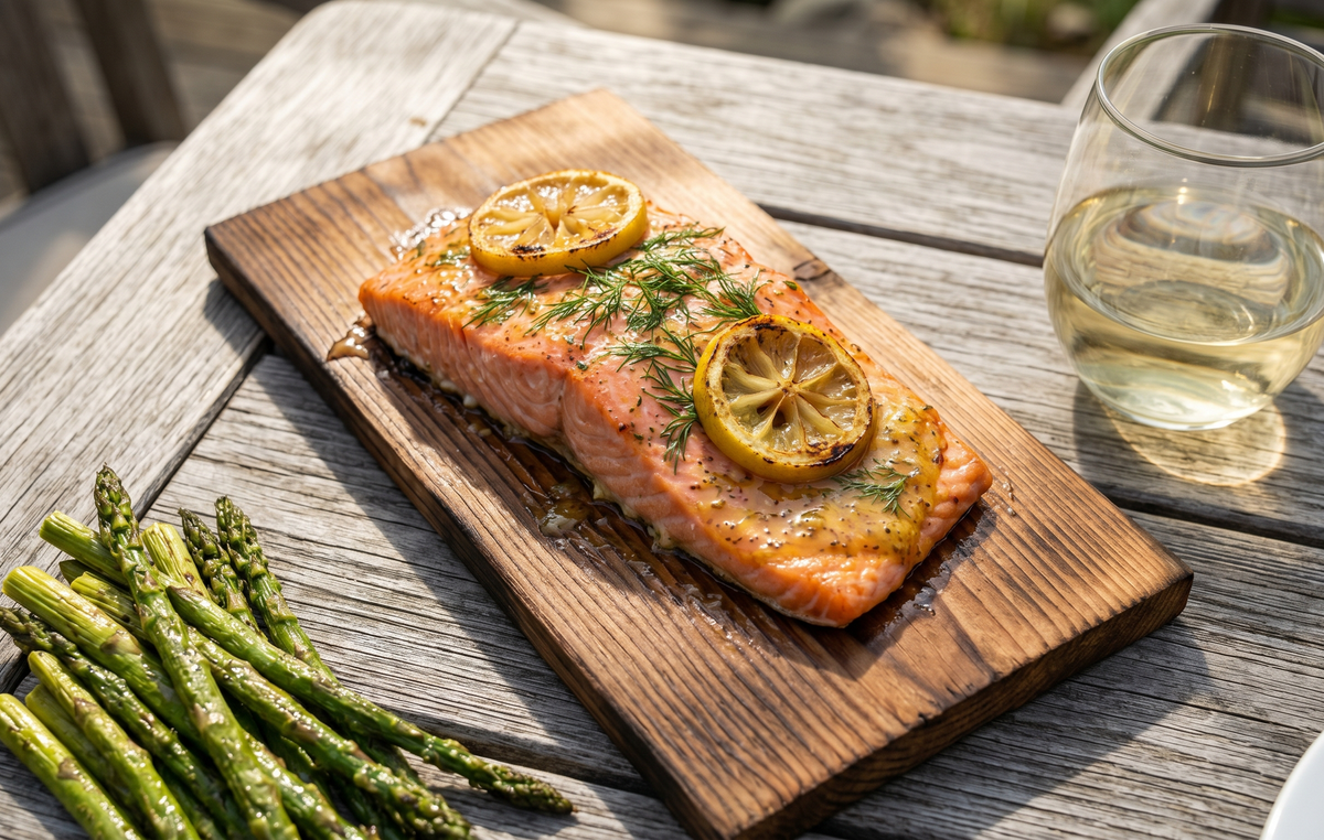 A cedar plank holding a grilled, vibrant pink wild-caught salmon fillet glazed with mustard and honey, garnished with fresh dill and lemon wheels on an outdoor patio table.