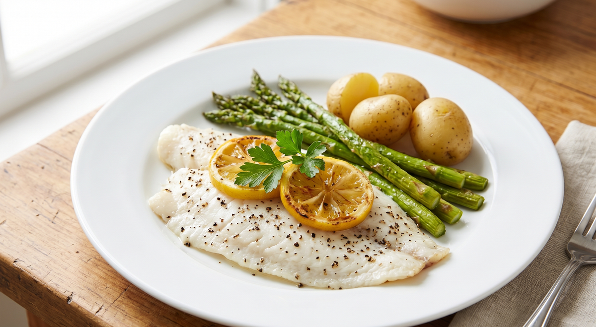 A freshly baked white flounder fillet seasoned with black pepper and topped with lemon slices and parsley, served on a white plate with roasted asparagus and baby potatoes.