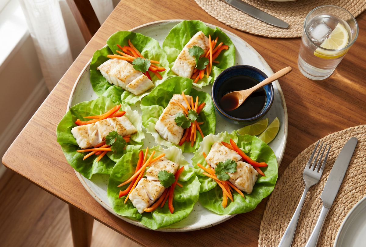 A close-up of fresh black drum and tilapia lettuce wraps garnished with shredded carrots and cilantro on a wooden dining table.