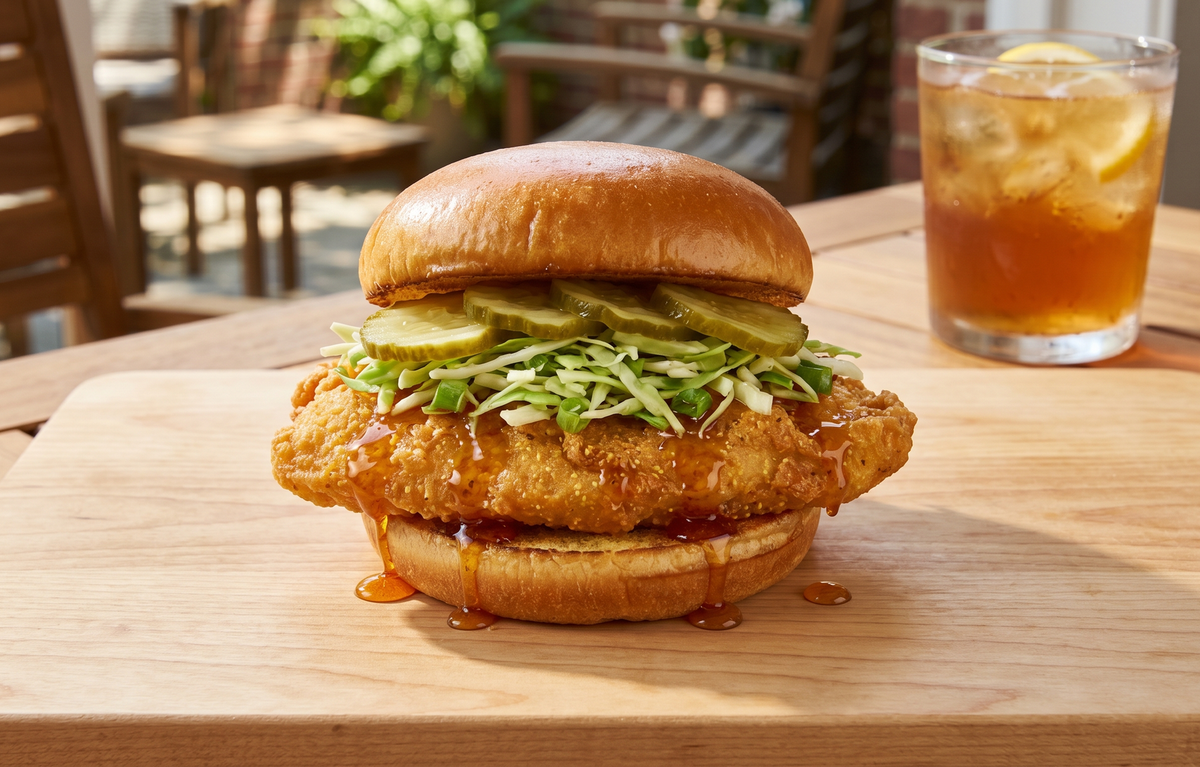 A crispy, golden-brown fried fish sandwich on a toasted brioche bun, drizzled with hot honey and topped with fresh slaw and pickles on a wooden cutting board.