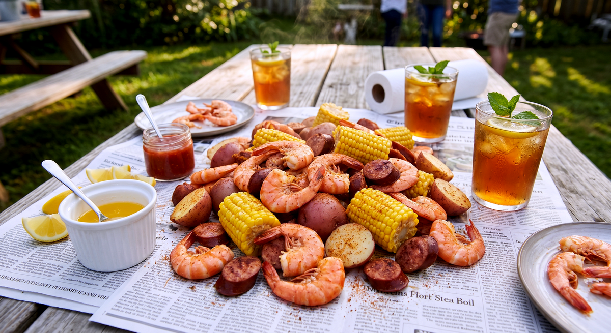 A rustic wooden picnic table covered in newspaper, piled high with a classic backyard shrimp boil featuring fresh shrimp, corn on the cob, smoked sausage, and red potatoes.