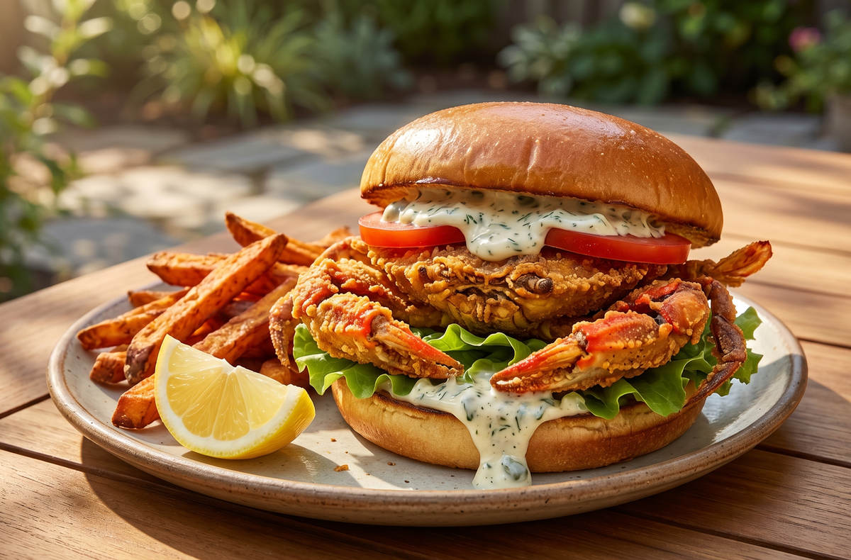 A crispy golden-brown fried soft shell crab sandwich on a toasted bun with lettuce and tomato, served next to sweet potato fries on a ceramic plate.