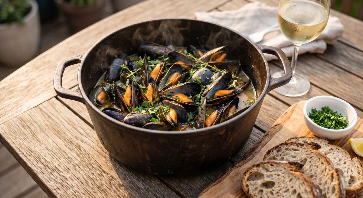 A large rustic pot filled with open steamed mussels in a white wine broth topped with fresh parsley, served next to crusty bread on a wooden table.