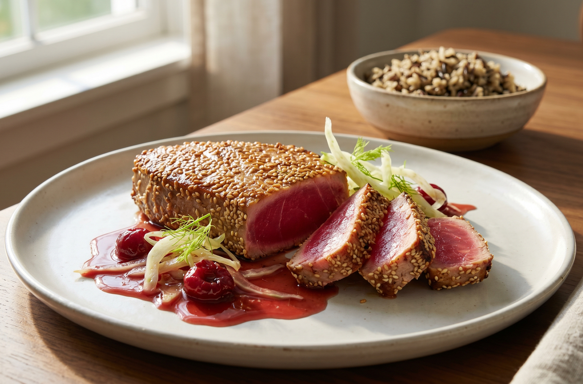 A sesame-crusted, seared Ahi tuna steak with a ruby-red center, sliced and served with a cherry and shaved fennel reduction on a rustic platter.
