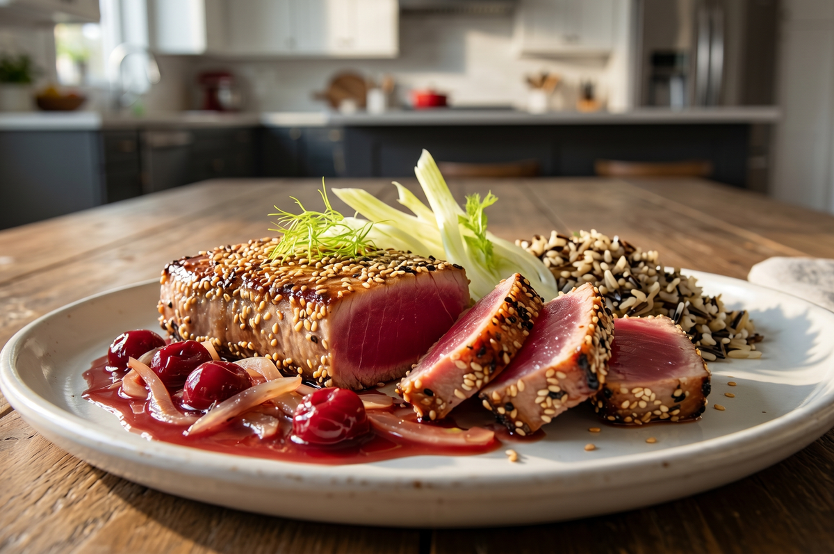 A sesame-crusted, seared Ahi tuna steak with a ruby-red center, sliced and served with a cherry and shaved fennel reduction on a rustic platter.