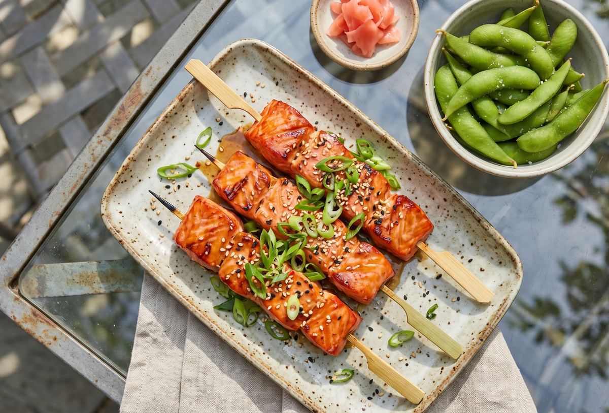 A rectangular plate of grilled wild sockeye salmon miso skewers garnished with scallions and sesame seeds, served on an outdoor patio table.
