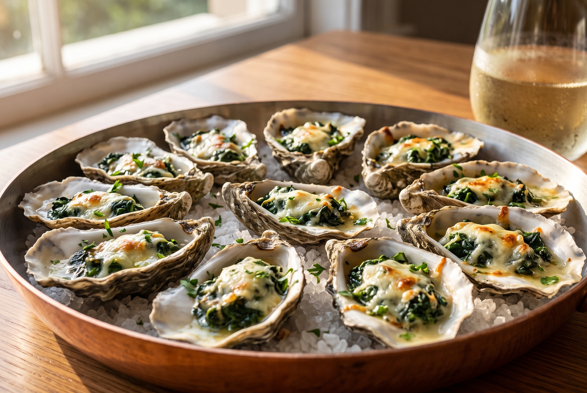 A close-up view of freshly baked oysters on the half shell topped with creamy spinach and golden melted cheese, resting on a bed of rock salt next to fresh lemon wedges.