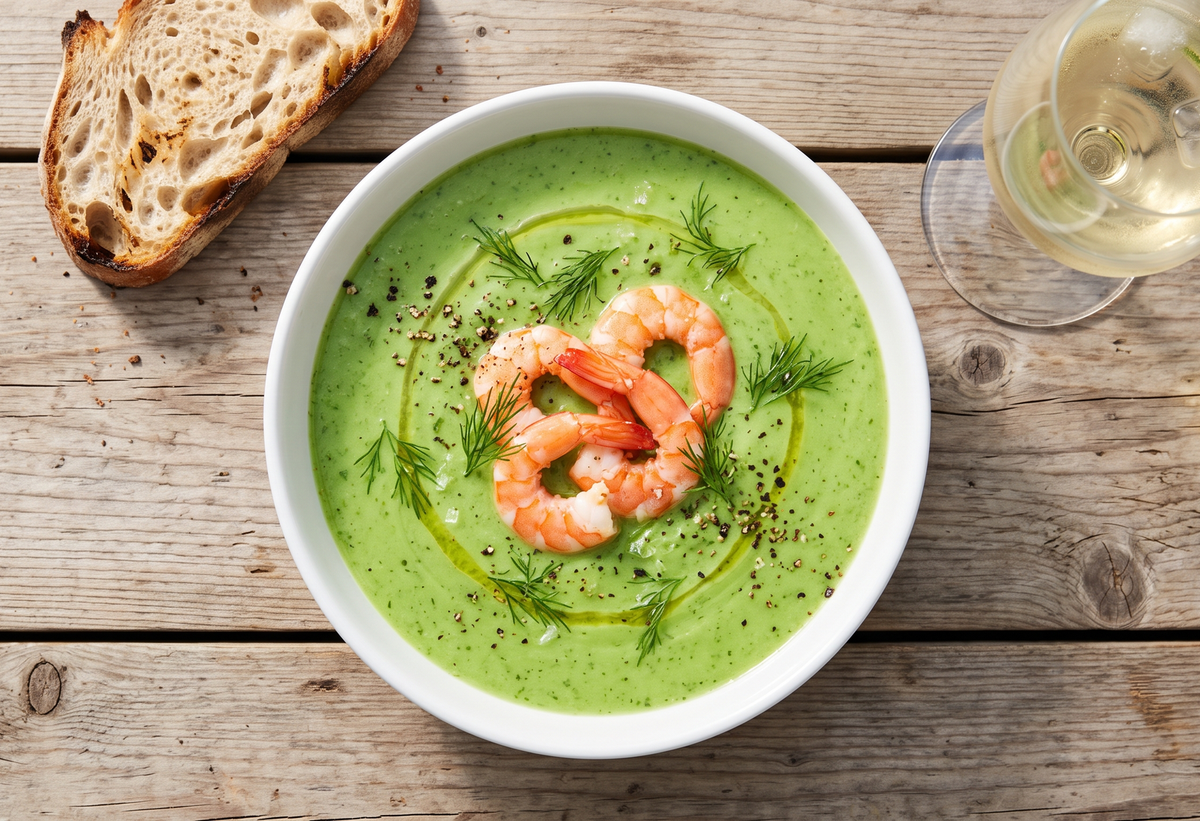 A white bowl of bright green chilled cucumber soup topped with vibrant pink poached shrimp, fresh dill, and a drizzle of olive oil on a wooden table.
