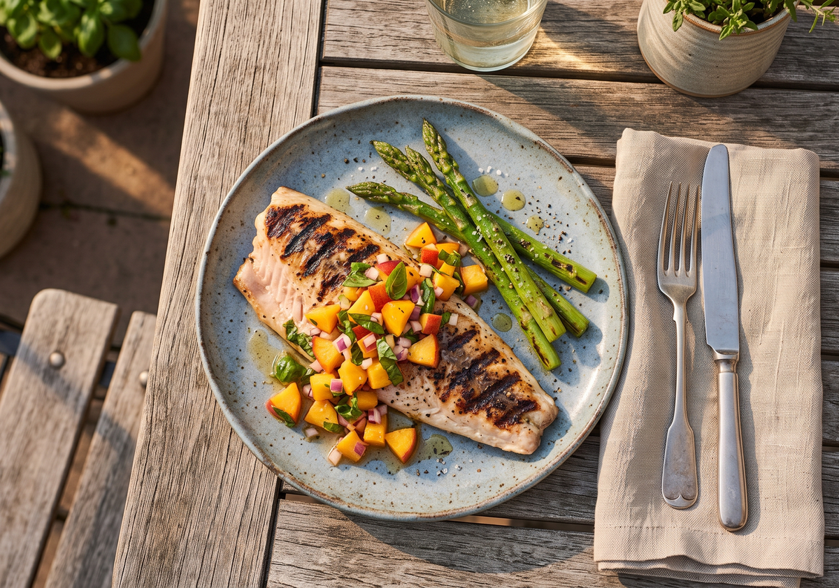 A grilled skin-on rainbow trout fillet topped with diced peach, red onion, and basil salsa served on a rustic plate alongside charred asparagus.