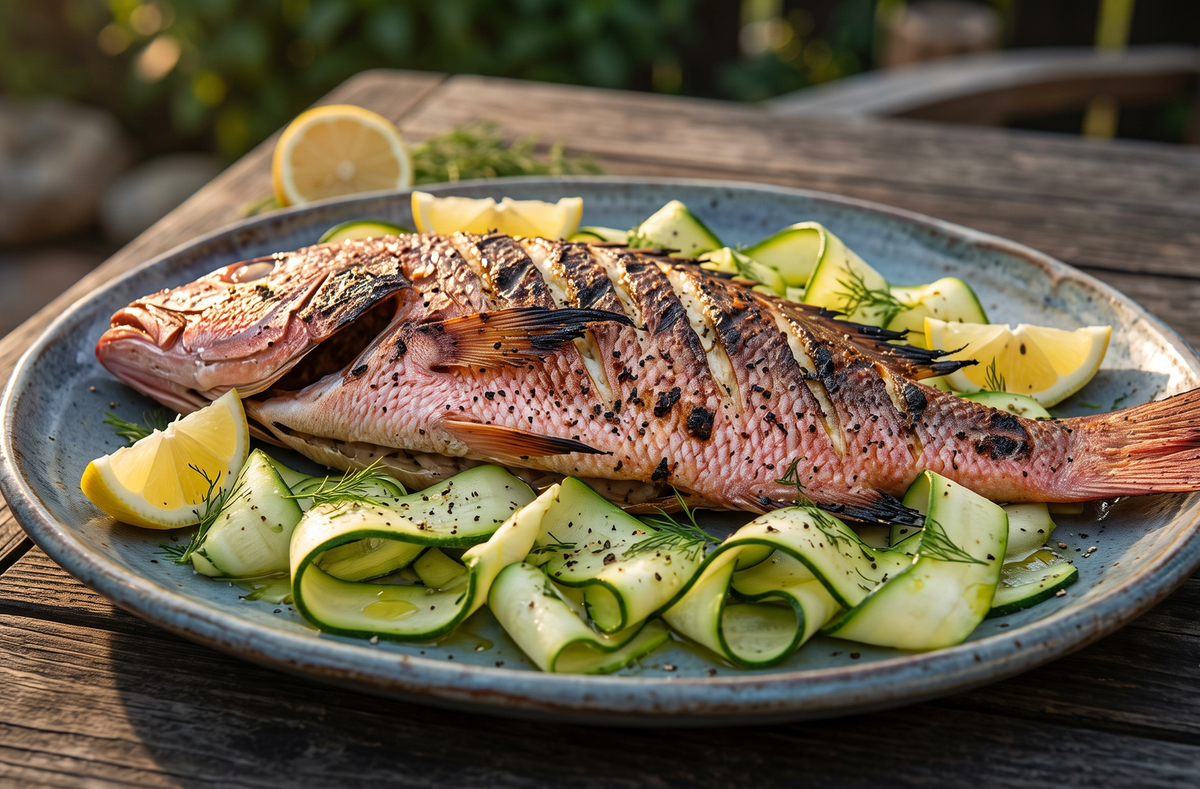 A grilled whole red snapper with grill marks served on a platter alongside fresh green zucchini ribbons and lemon wedges.