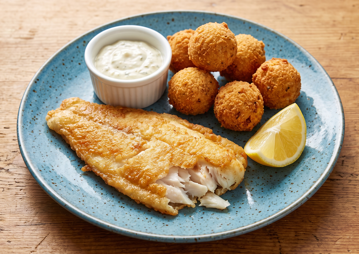 A plate of golden-brown pan-fried walleye and crispy hushpuppies served with a lemon wedge and tartar sauce on a wooden table.