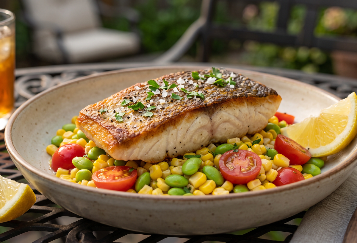 A crispy pan-roasted barramundi fillet served over a colorful summer corn, tomato, and edamame succotash in a rustic ceramic bowl.