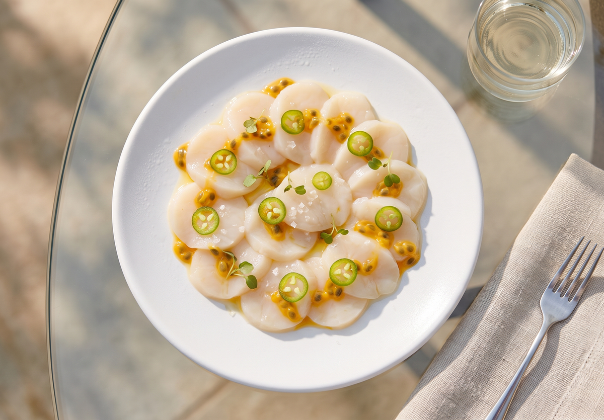 Thinly sliced raw scallops arranged on a white plate, topped with orange passionfruit pulp, fresh green jalapeño slices, and a drizzle of olive oil.