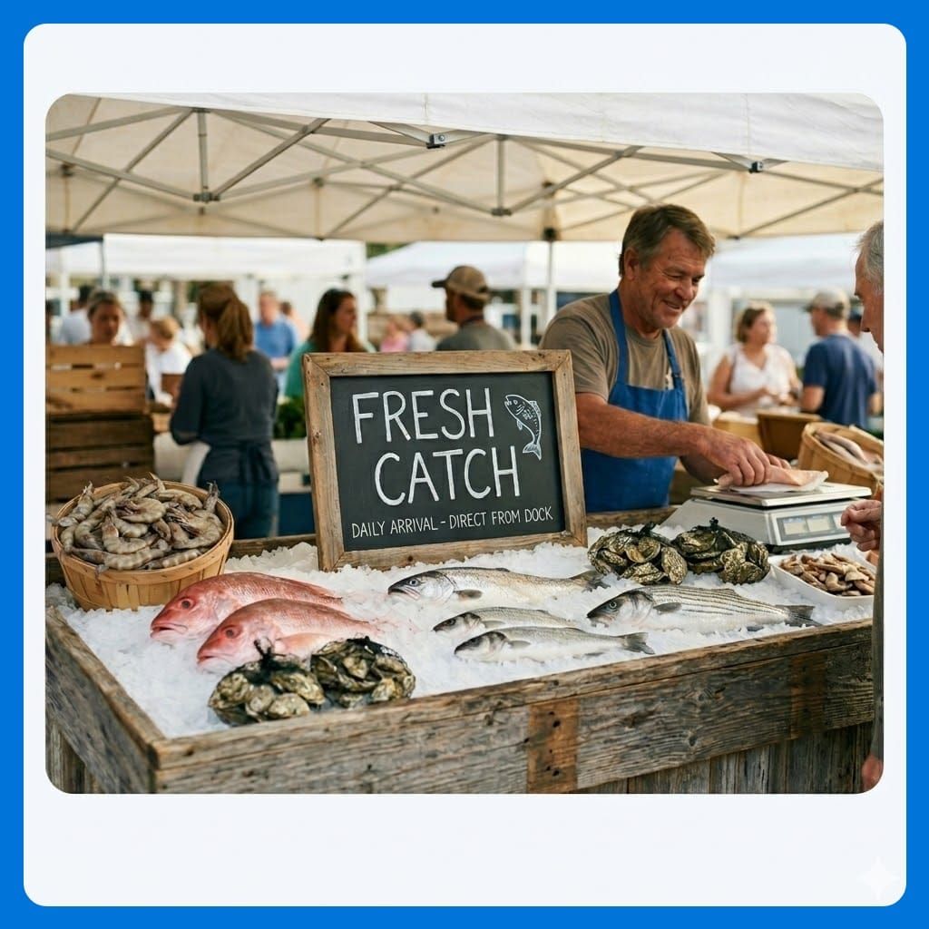 A fishmonger weighing a fresh fish fillet for a customer behind a case full of fresh local seafood on ice at an outdoor seafood stand.