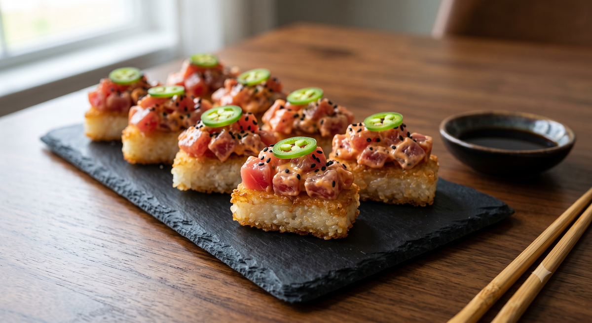 Golden, pan-fried rectangular sushi rice bites topped with vibrant diced raw yellowfin tuna in a spicy mayo sauce, garnished with sliced jalapeño on a sleek black serving plate.
