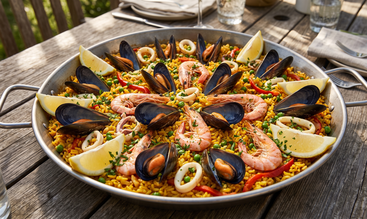 A traditional steel pan filled with golden saffron rice, pink shrimp, open mussels, and calamari, garnished with lemon wedges and parsley on a wooden table.