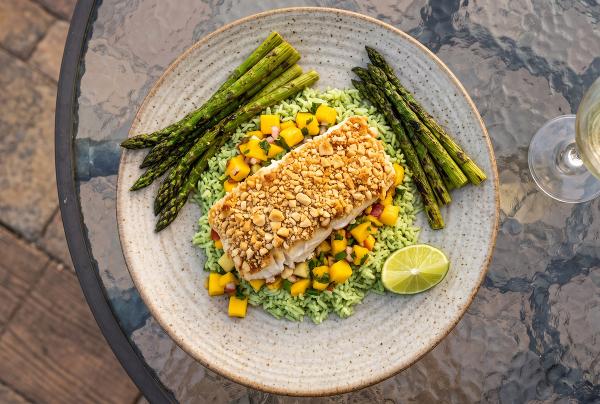 A golden-brown macadamia nut-crusted Mahi-Mahi fillet served on a bed of coconut rice with mango salsa and charred asparagus on a glass patio dining table.