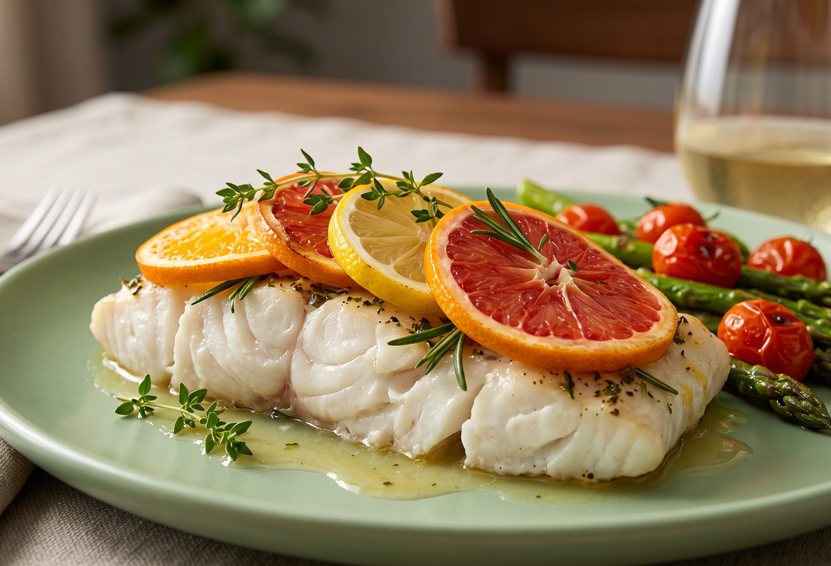 A flaky baked grouper fillet topped with roasted orange, lemon, and grapefruit slices, served alongside fresh asparagus on a ceramic plate.
