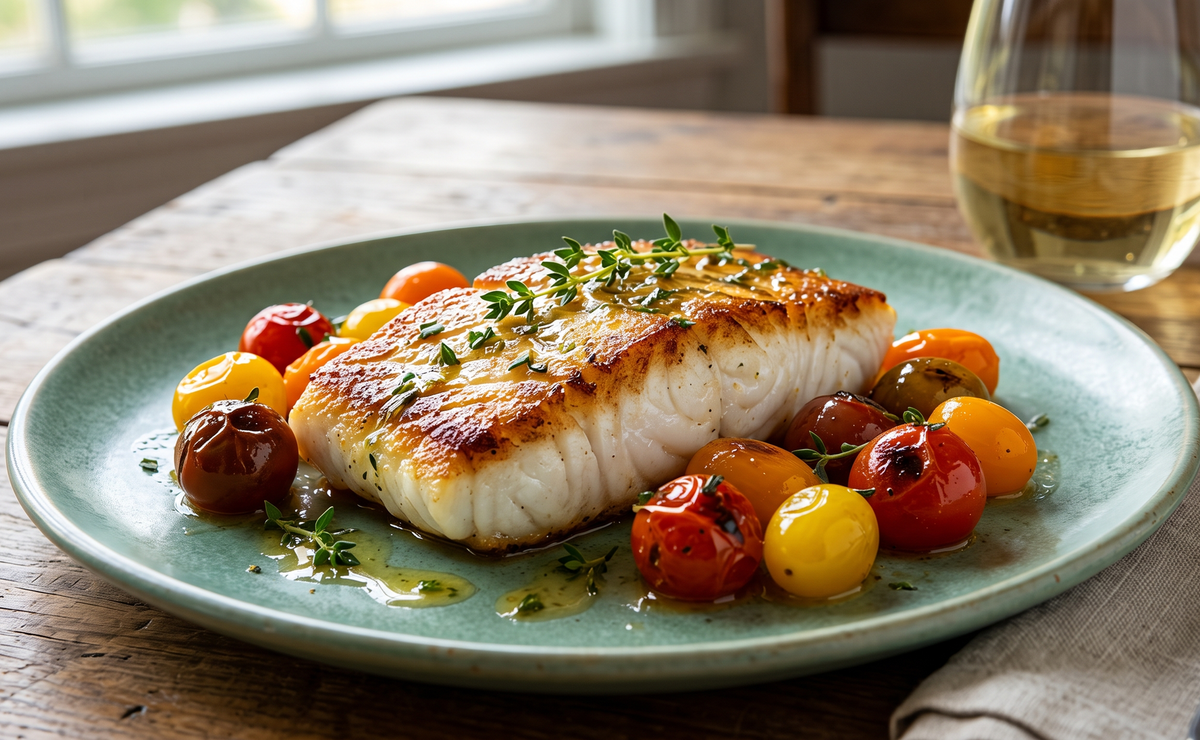 A pan-basted golden-brown halibut fillet plated on a green ceramic dish with blistered multicolored heirloom cherry tomatoes, fresh thyme, and a drizzle of herb butter.