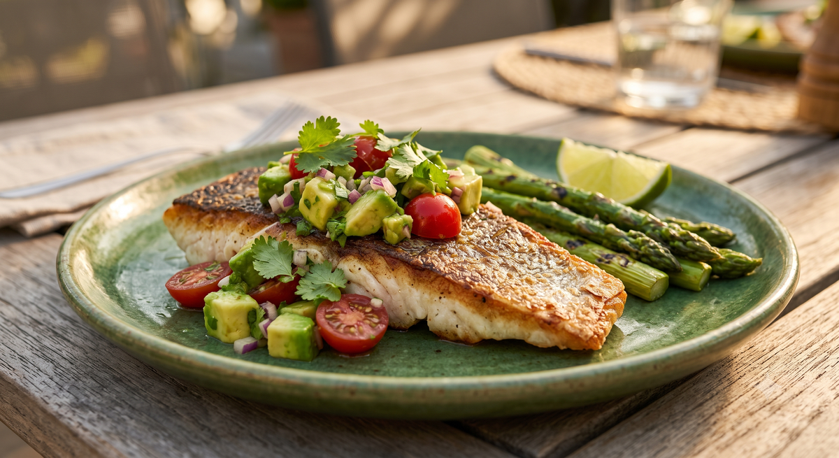 A pan-seared sea bass fillet topped with a chunky avocado, tomato, and red onion salsa, served on a green plate alongside grilled asparagus.