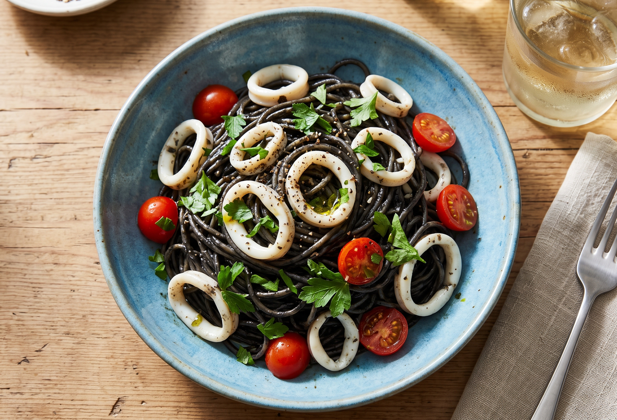 A blue ceramic bowl filled with black squid ink pasta, tossed with opaque calamari rings, red cherry tomatoes, and fresh green parsley.