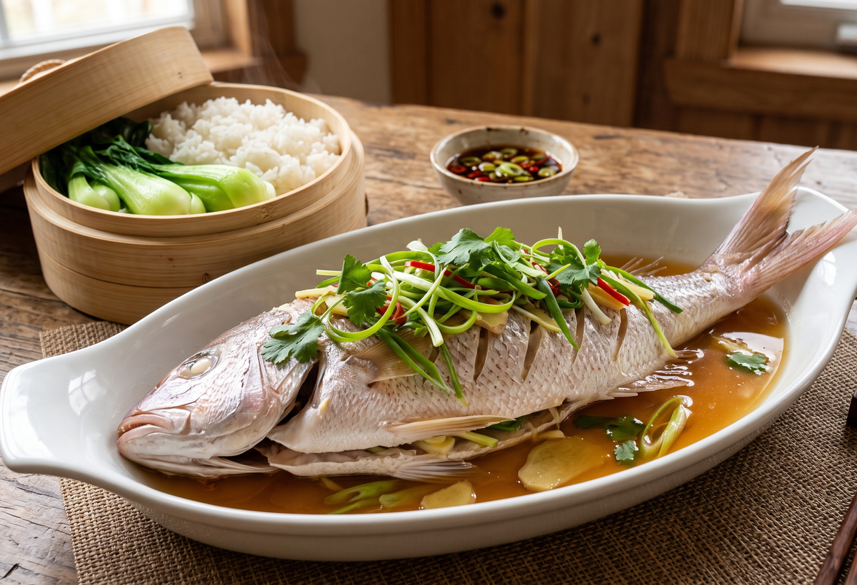 A whole steamed yellowtail snapper scored and topped with scallions and ginger in soy sauce, served in a white dish.
