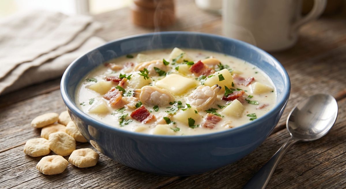 A steaming bowl of creamy New England clam chowder with fresh clams, diced potatoes, and bacon bits resting on a rustic wooden kitchen table beside crisp oyster crackers.
