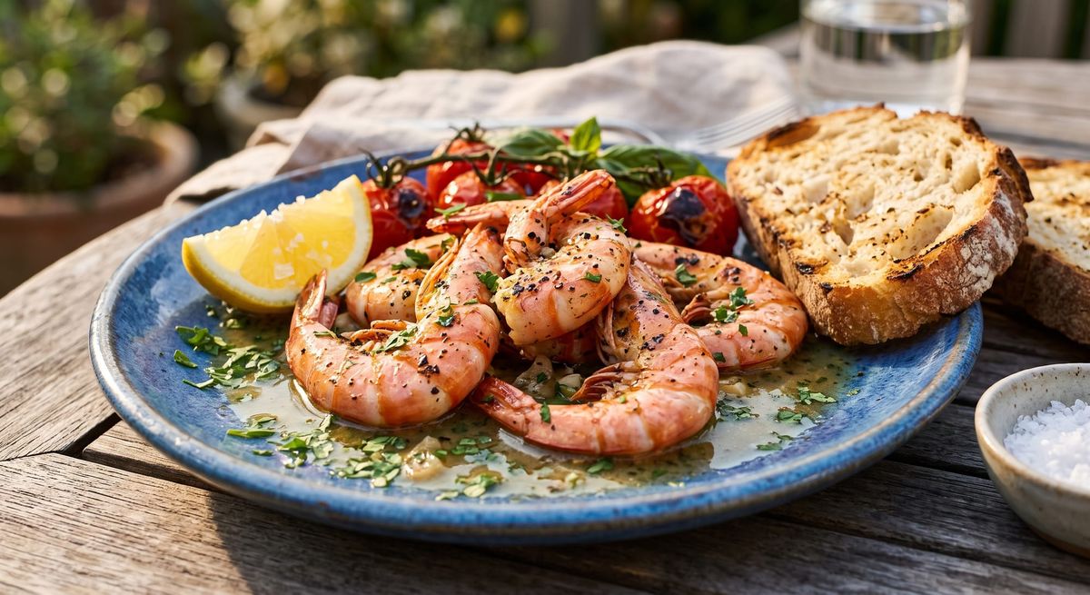 A rustic plate of sautéed spot prawns in a garlic and white wine butter sauce, garnished with fresh parsley and lemon wedges alongside blistered cherry tomatoes.