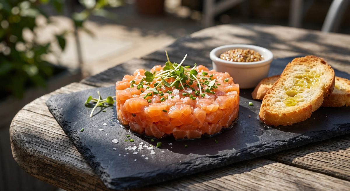 A close-up view of bright orange-pink diced trout tartare garnished with microgreens and chives, resting on a dark slate board beside toasted crostini.