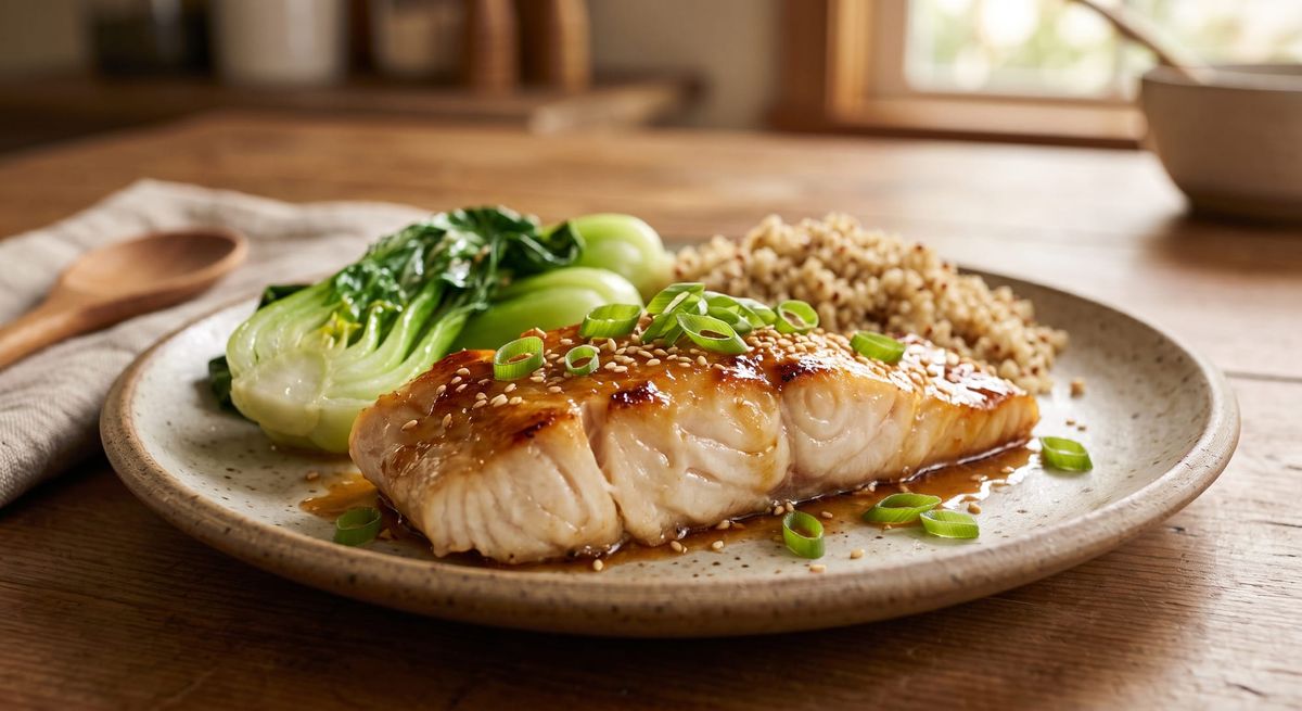 A baked lingcod fillet with a caramelized golden miso glaze, garnished with scallions and sesame seeds, served alongside steamed baby bok choy and quinoa on a ceramic plate.