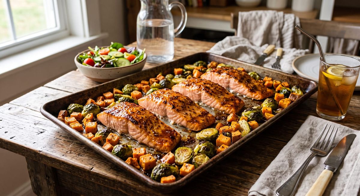 A baked salmon fillet coated in a caramelized maple and mustard glaze on a sheet pan with roasted Brussels sprouts and diced sweet potatoes.