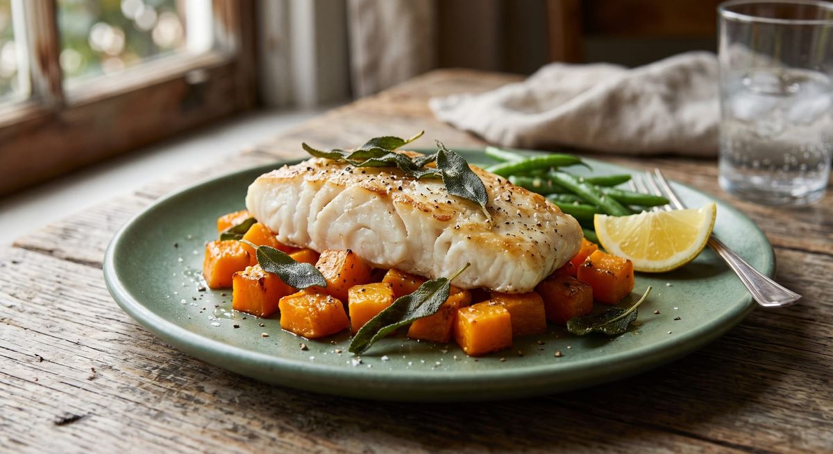 A roasted Pacific cod fillet served over caramelized cubes of butternut squash and garnished with crispy sage leaves on a green ceramic plate.