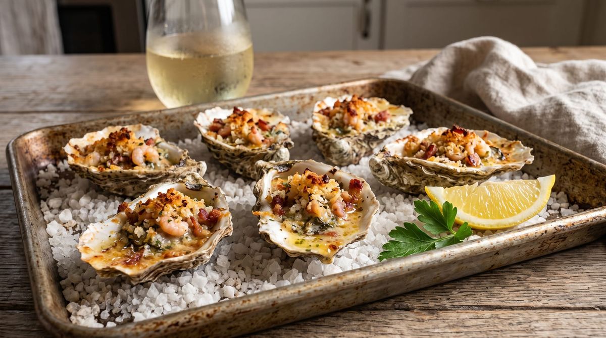 A close-up view of freshly baked oysters on the half shell, topped with a golden-brown bacon and shrimp crust, resting on rock salt next to a lemon wedge.
